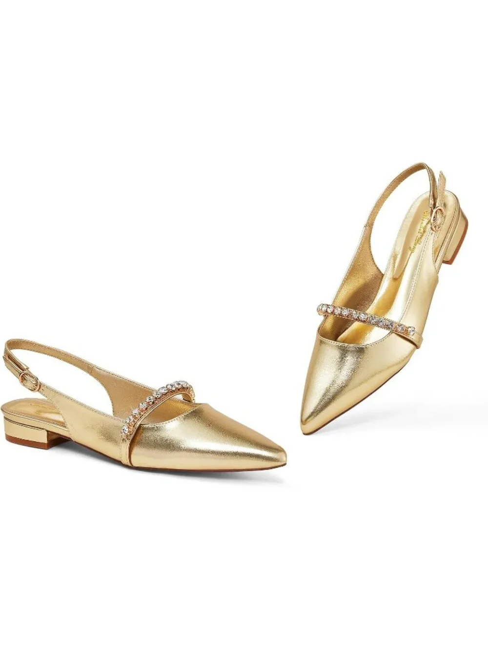 Women's Gold Soft Slingback Flats With Rhinestone Pointed Toe Backstrap Shoes